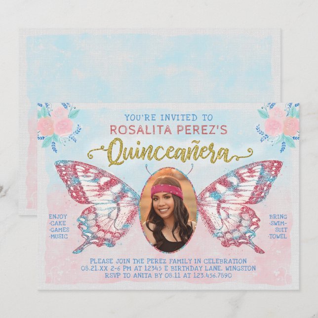 Quinceanera Sweet 15 Birthday Butterfly with Photo Invitation (Front/Back)