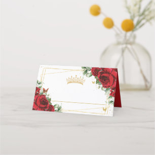 Quinceanera Sweet 16 Birthday Red Floral Princess Place Card