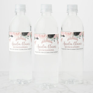 Quinceañera Sweet 16 Black Blush Floral Rose Gold Water Bottle Label