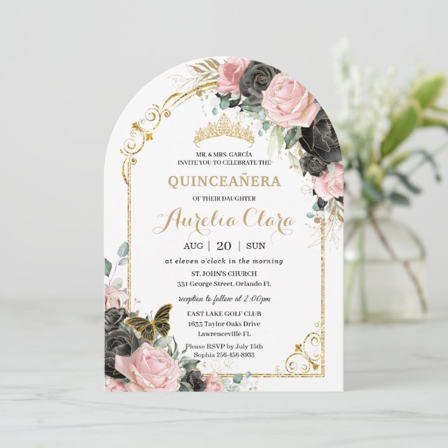 Quinceañera Sweet 16 Black Pink Floral Gold Arch Invitation (Standing Front)
