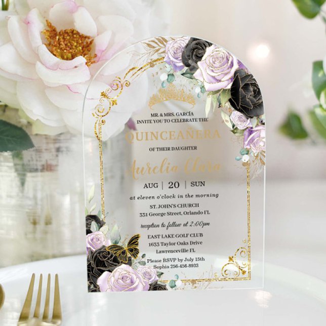 Quinceañera Sweet 16 Black Purple Floral Gold Arch Acrylic Invitations (Creator Uploaded)