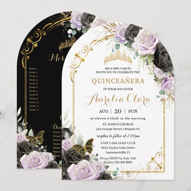 Quinceañera Sweet 16 Black Purple Floral Gold Arch Invitation (Front/Back)