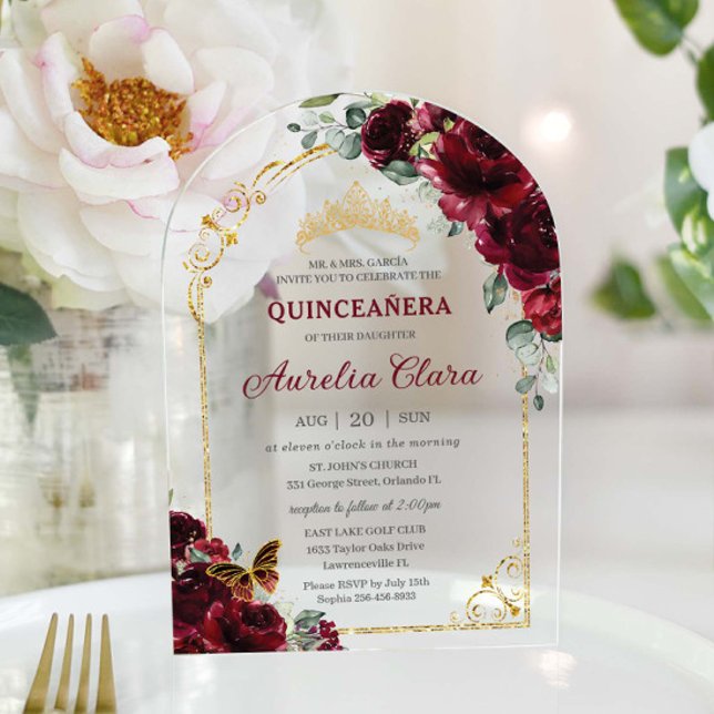 Quinceañera Sweet 16 Burgundy Floral Gold Arch Acrylic Invitations (Creator Uploaded)