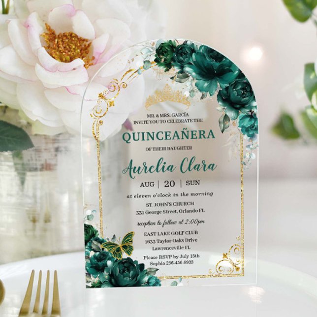 Quinceañera Sweet 16 Emerald Green Floral Gold  Acrylic Invitations (Creator Uploaded)