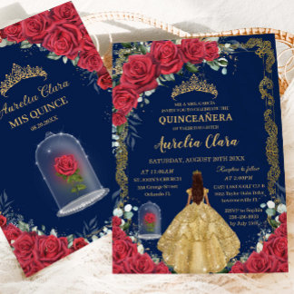 Quinceañera Sweet 16 Enchanted Red Rose Navy Blue Invitation