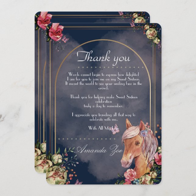 Quinceañera/Sweet 16 Horse design Thank you Note Invitation (Front/Back)
