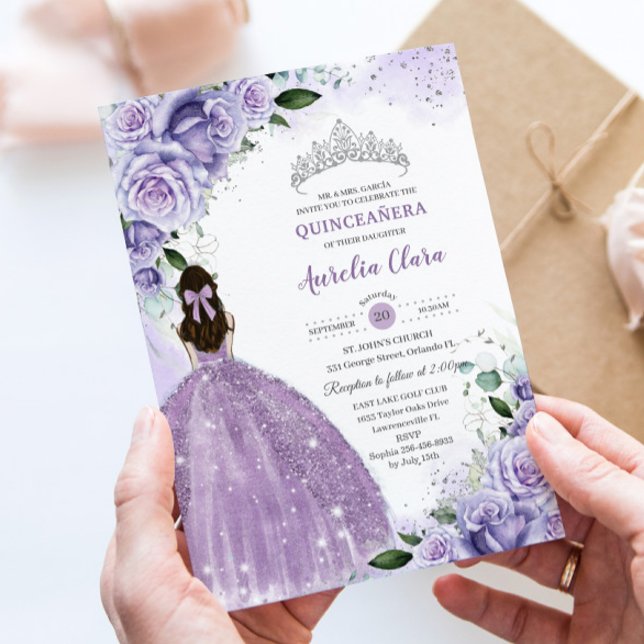 Quinceañera Sweet 16 Purple Lavender Floral Silver Invitation (Creator Uploaded)