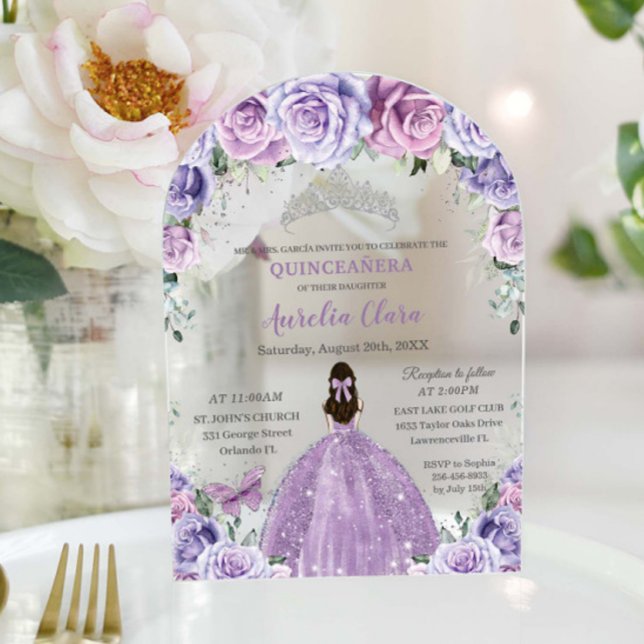 Quinceañera Sweet 16 Purple Lilac Floral Gown Arch Acrylic Invitations (Creator Uploaded)