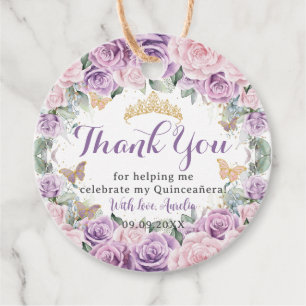 Quinceañera Sweet 16 Purple Lilac Pink Floral Gold Favour Tags
