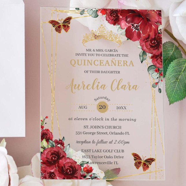 Quinceañera Sweet 16 Red Floral Gold Butterflies Acrylic Invitations (Creator Uploaded)
