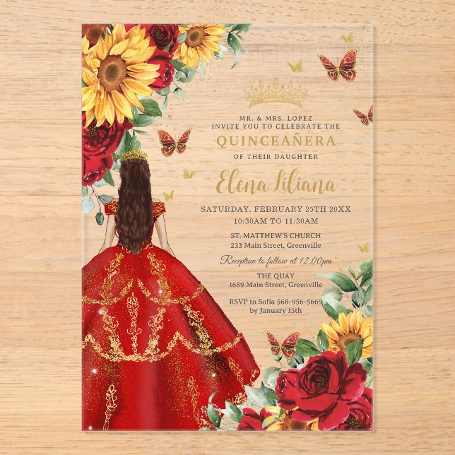 Quinceañera Sweet 16 Red Roses Sunflowers Floral Acrylic Invitations (Front)