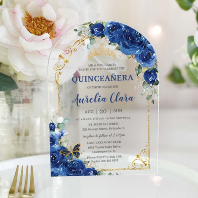 Quinceañera Sweet 16 Royal Blue Floral Arch Acrylic Invitations (Creator Uploaded)