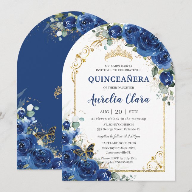 Quinceañera Sweet 16 Royal Blue Floral Arch Invitation (Front/Back)