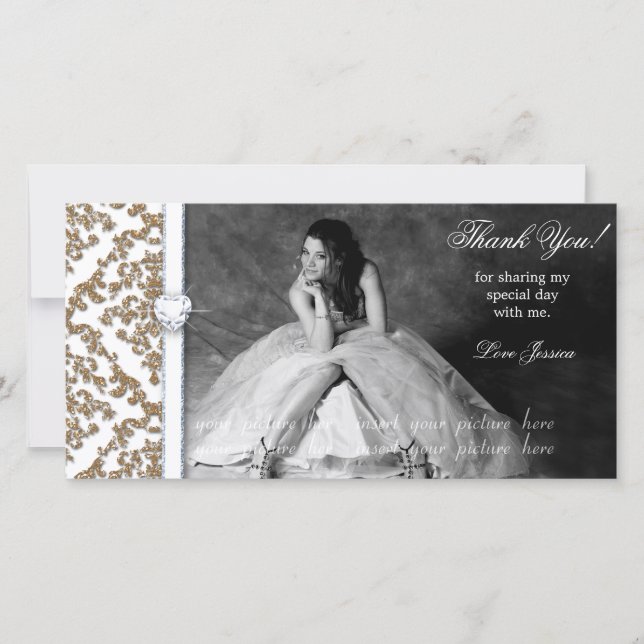 Quinceanera Sweet Sixteen Glitter Damask Thank You Card (Front)