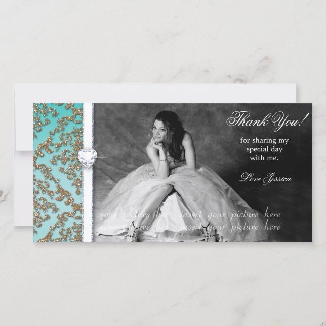 Quinceanera Sweet Sixteen Grad Damask Photo Card (Front)