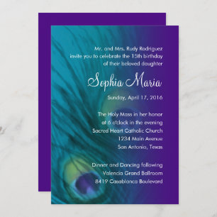 Quinceanera Teal and Purple Peacock Invitation