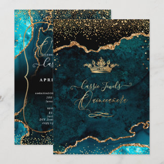 Quinceanera, Teal Blue Agate Faux Gold Confetti Invitation