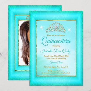 Quinceanera Teal blue Damask Gold Tiara photo Invitation