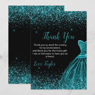 Quinceanera Teal Blue Dress Faux Glitter Thank You Card
