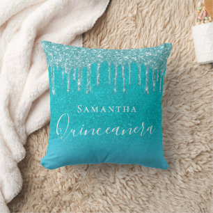 Quinceanera teal blue glitter sea green monogram cushion