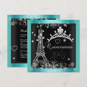 Quinceanera Teal Blue Glitter Tiara Eiffel Tower Invitation