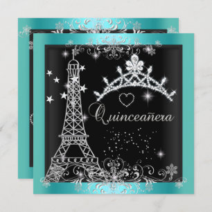 Quinceanera Teal Blue Glitter Tiara Eiffel Tower Invitation