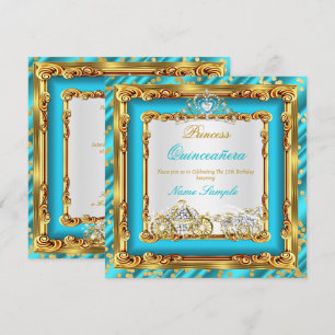Quinceanera Teal Blue Gold Diamond Horse Carriage Invitation