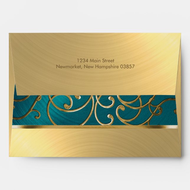 Quinceanera Teal Blue Green and Gold Filigree Envelopes (Back (Top Flap))