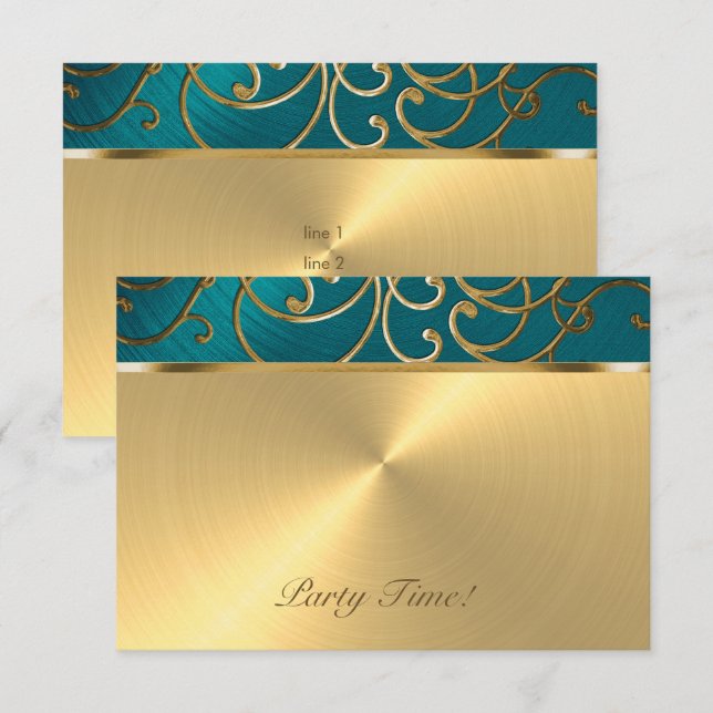 Quinceanera Teal Blue Green and Gold Filigree Invitation (Front/Back)