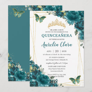 Quinceañera Teal Blue Green Floral Butterflies  Invitation