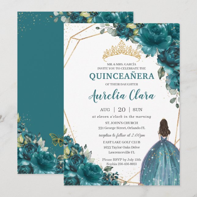 Quinceañera Teal Blue Green Floral Princess Crown Invitation (Front/Back)