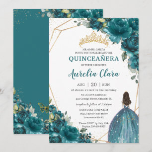 Quinceañera Teal Blue Green Floral Princess Crown Invitation