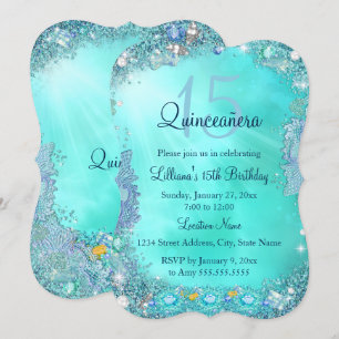 Quinceanera Teal Blue Ocean Jewel Birthday Party Invitation