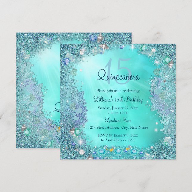 Quinceanera Teal Blue Ocean Jewel Birthday Party Invitation (Front/Back)