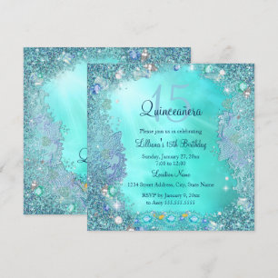 Quinceanera Teal Blue Ocean Jewel Birthday Party Invitation