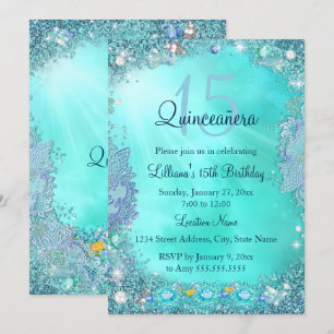 Quinceanera Teal Blue Ocean Jewel Birthday Party Invitation