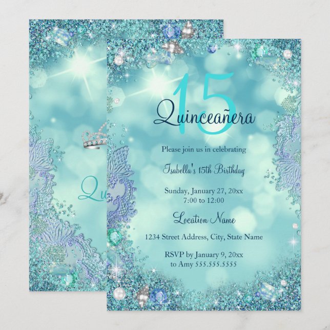 Quinceanera Teal Blue Ocean Sky Birthday Party Invitation (Front/Back)