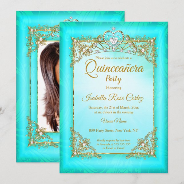 Quinceanera Teal blue pearl photo Gold Tiara party Invitation (Front/Back)