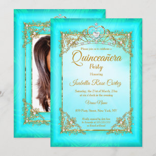 Quinceanera Teal blue pearl photo Gold Tiara party Invitation