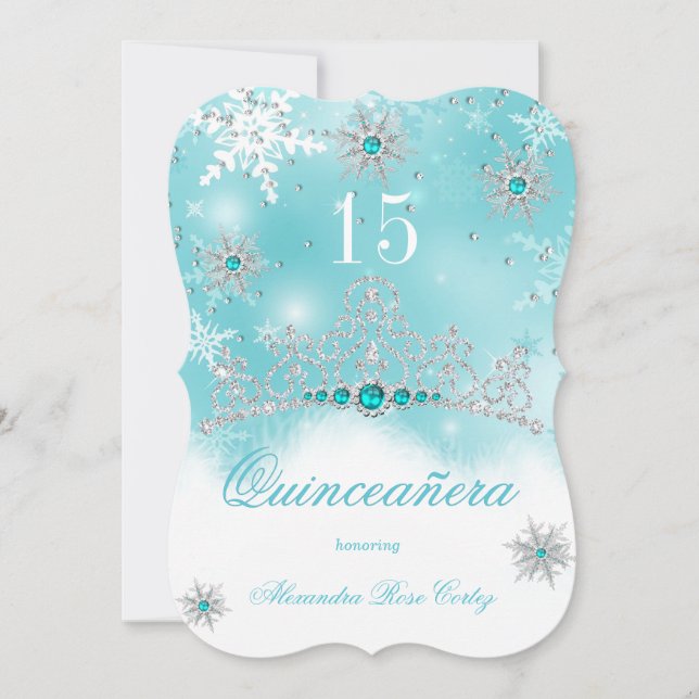 Quinceanera Teal Blue Pearl Snowflake 15 Birthday Invitation (Front)