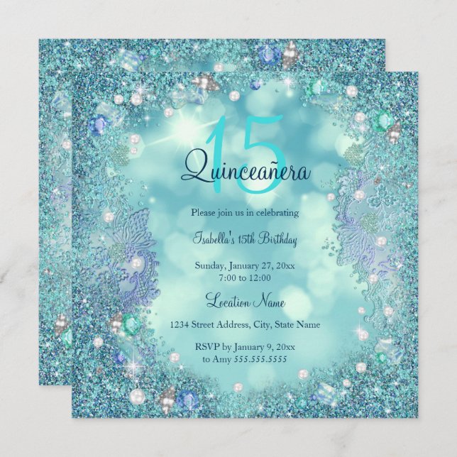 Quinceanera Teal Blue Pearls Ocean Sky Birthday Invitation (Front/Back)