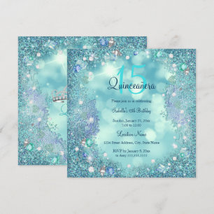 Quinceanera Teal Blue Pearls Ocean Sky Birthday Invitation