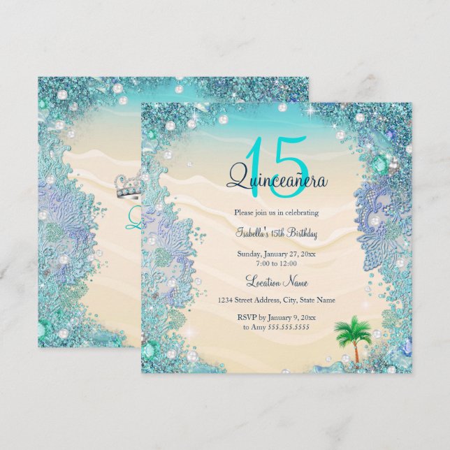 Quinceanera Teal Blue Sand Ocean Beach Birthday Invitation (Front/Back)