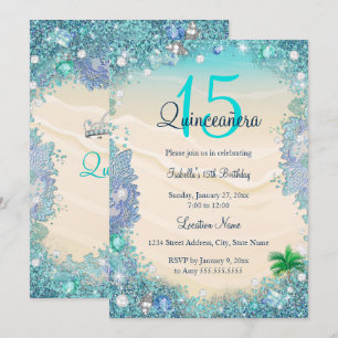 Quinceanera Teal Blue Sand Ocean Beach Birthday Invitation