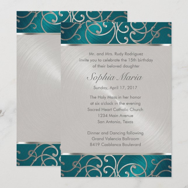 Quinceanera Teal Blue Silver Filigree Swirls Invitation (Front/Back)
