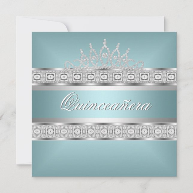 Quinceanera Teal Blue Silver Jewel 15th Birthday Invitation (Front)