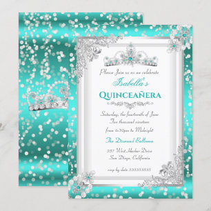 Quinceanera Teal Blue Silver Snowflake Tiara Invitation
