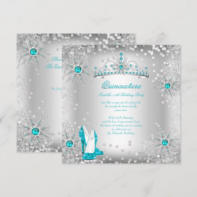 Quinceanera Teal Blue Silver Winter Wonderland Invitation (Front/Back)