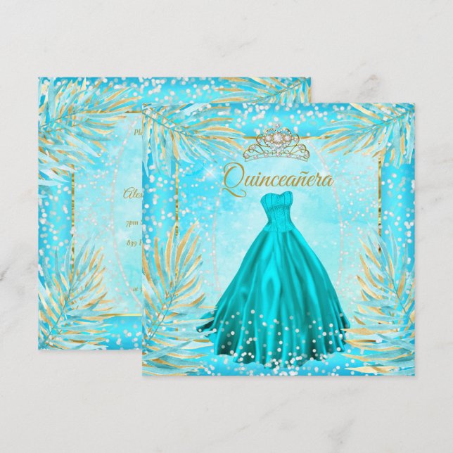 Quinceanera Teal Blue Tiara Dress Birthday Party Invitation (Front/Back)