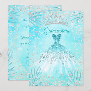 Quinceanera Teal Blue Tiara Dress winter Birthday Invitation